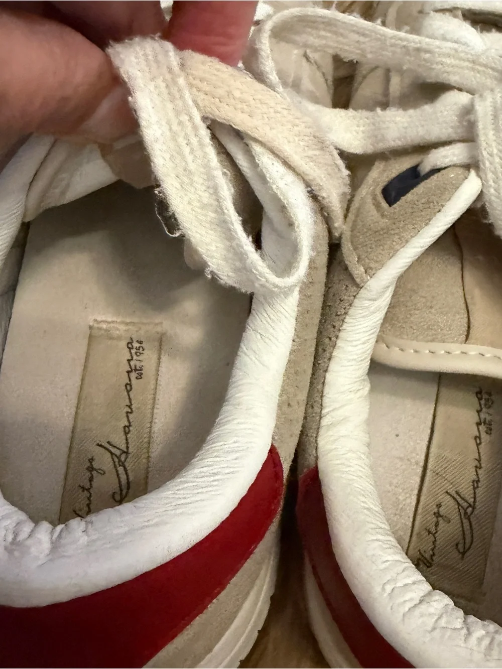 Vintage Havana Beige Suede Sneakers with Navy Star and Red Heel Tab, women’s 7.5